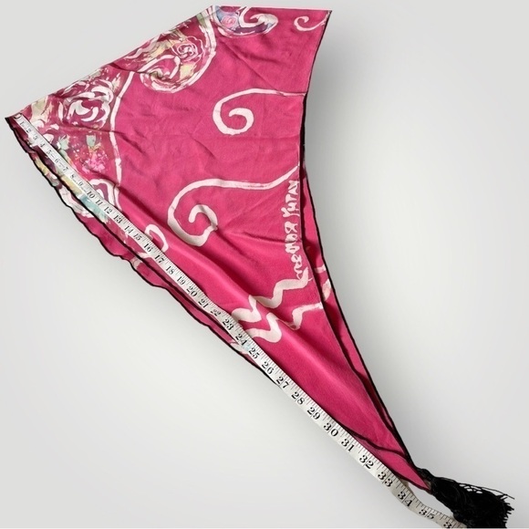 Vtg Kathy Robinson Silk Scarf Tie Dye Swirls Pink Black Trim & Tassels Triangle - Picture 11 of 16